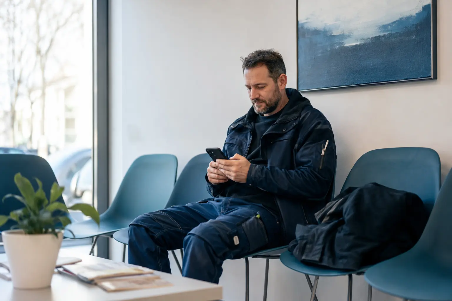 Fachkraft in Arbeitskleidung nutzt ihr Smartphone im Wartezimmer